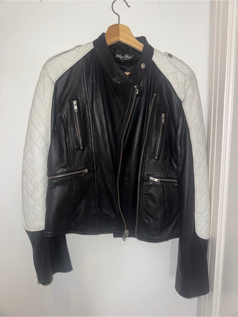 ABS Allen Schwartz Black Leather Jacket with White Quilted Sleeves